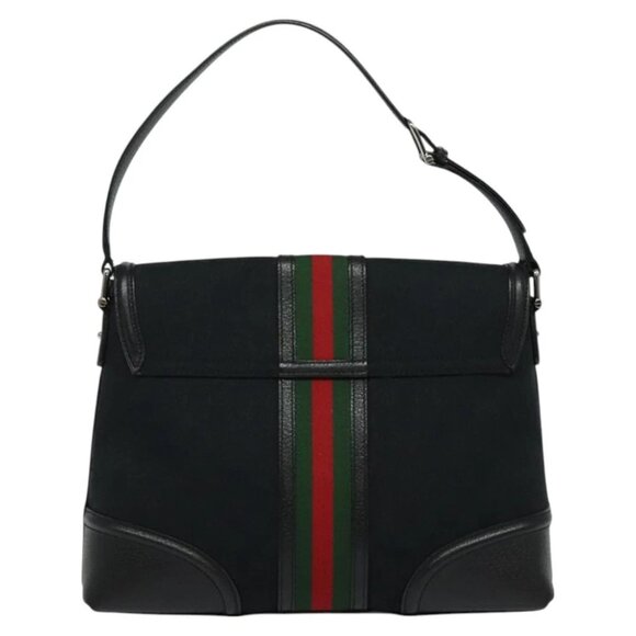 GUCCI Web Sherry Line GG Canvas Shoulder Bag Black Red Green Auth 126871 - Picture 8 of 16